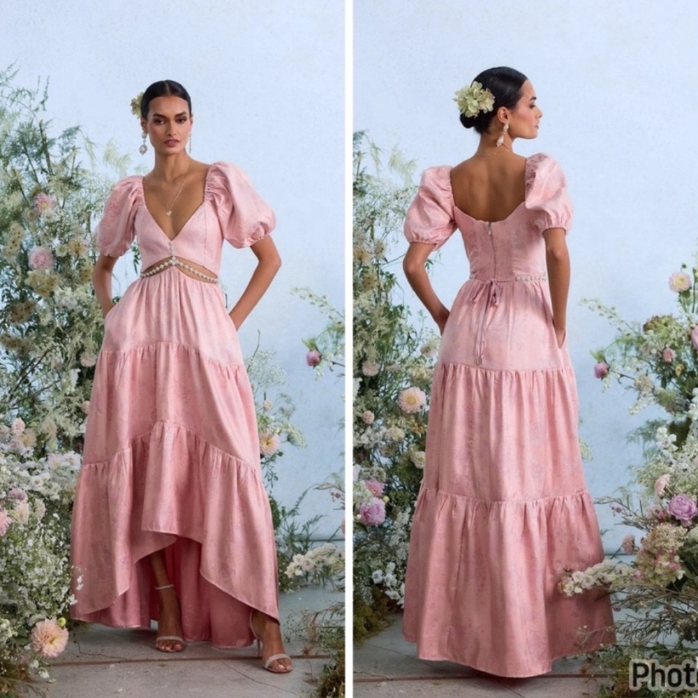V. Chapman Blush Pink Puff-Sleeve Tiered Maxi Dress